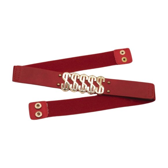 Women Red Color Elastic Waistband Skinny Belt Gold Dollar Sign $$$ Size S M z007 - Picture 5 of 16